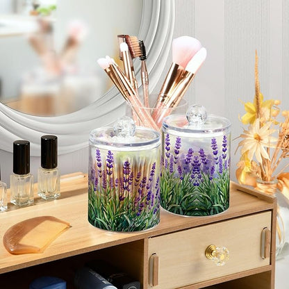 MNSRUU 2 Pack Qtip Holder Organizer Dispenser Lavender Bathroom Storage Canister Cotton Ball Holder Bathroom Containers for Cotton Swabs/Pads/Floss