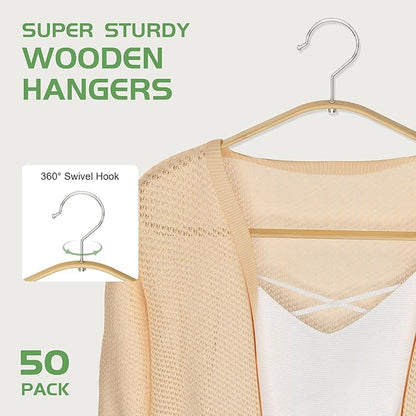 APRTAT Bamboo Hangers - 50 Pack Slim Coat Hangers - 360-Degree Rotatable Hook, Suitable for Clothes, Jacket, Shirt, Tank Top, Pant (Natural, 50)
