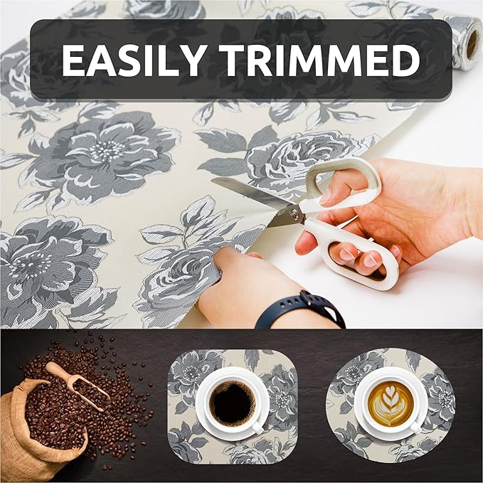 12X120 Inch Shelf Liner for Kitchen Cabinets, PVC Drawer Liner for Dresser Non-Slip Bathroom, Non-Adhesive Cabinet Liner Washable (Black Flower)(4 Roll)