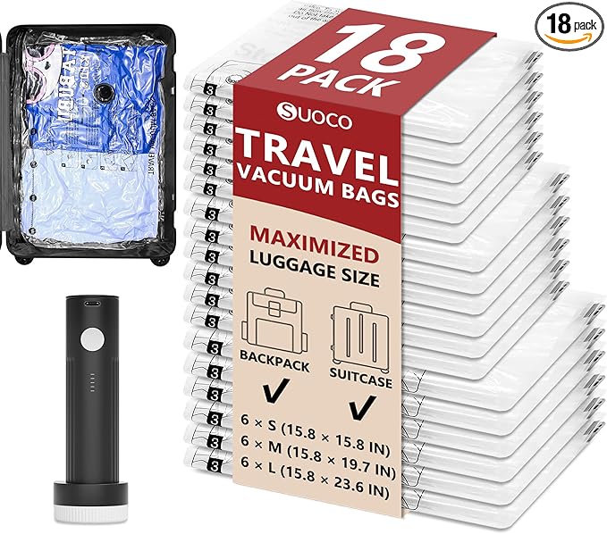 Travel Vacuum Bags for Clothing with Rechargeable Electric Pump, 18 Pack Compression Packing Cubes Organizer Storage for Luggage Suitcase, Space Saver Seal Bags for Vacation Cruise