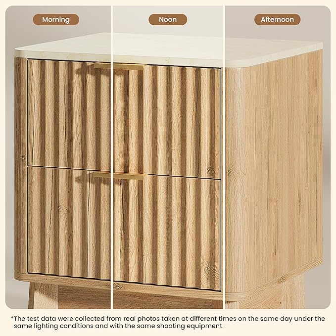 TROJM Fluted Nightstand Set of 2,Modern End Table with Faux Marble Top,2 Storage Drawers Side Table,Bedside Table for Bedroom, Living Room,Curved Profile Design Furnitue,Natural Oak