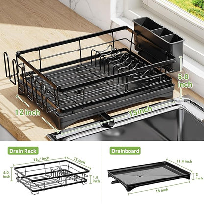 Ekisemio Dish Rack, Dish Drying Rack for Kitchen Counter, Dish Drainer with Cutlery Holder for Large Capacity, Kitchen Organizer for Dishes with Drip Tray, 12" D x 15.7" L, Black