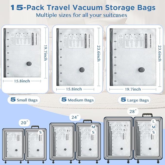 SORON 15 Pack Vacuum Seal Bags for Clothing Travel, Travel Vacuum Storage Bags with Rechargeable air Pump, Carry-on Size Compression for Luggage and Suitcases, Space Saver for Clothes