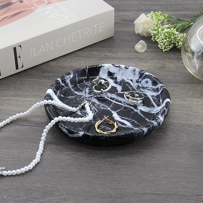 Plukers Small Natural Marble Jewelry Tray Key Plate Holder Dish Trinket Decor Catch All Bowl for Ring Earring Stone Gift for Women Daugther,Black