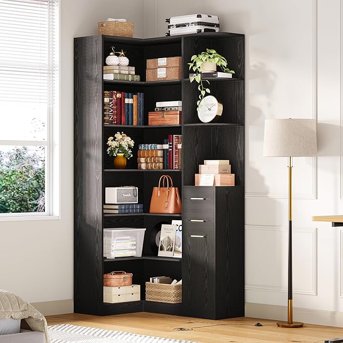 IRONCK Corner Bookshelf, 76" Tall Corner Bookshelves, 6 Tiers L-Shaped Bookcase with 10 Open Shelves and 2 Storage Drawers for Living Room or Home Office