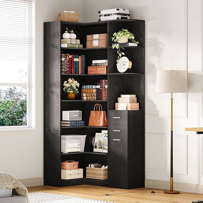 IRONCK Corner Bookshelf, 76" Tall Corner Bookshelves, 6 Tiers L-Shaped Bookcase with 10 Open Shelves and 2 Storage Drawers for Living Room or Home Office