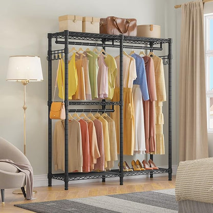 VIPEK V4 Heavy Duty Clothing Rack for Hanging Clothes 810lbs Load Capacity, Double Rod Garment Rack with Adjustable Shelves & Side Hooks, Metal Wardrobe Closet System Easy to Assemble, (Black)