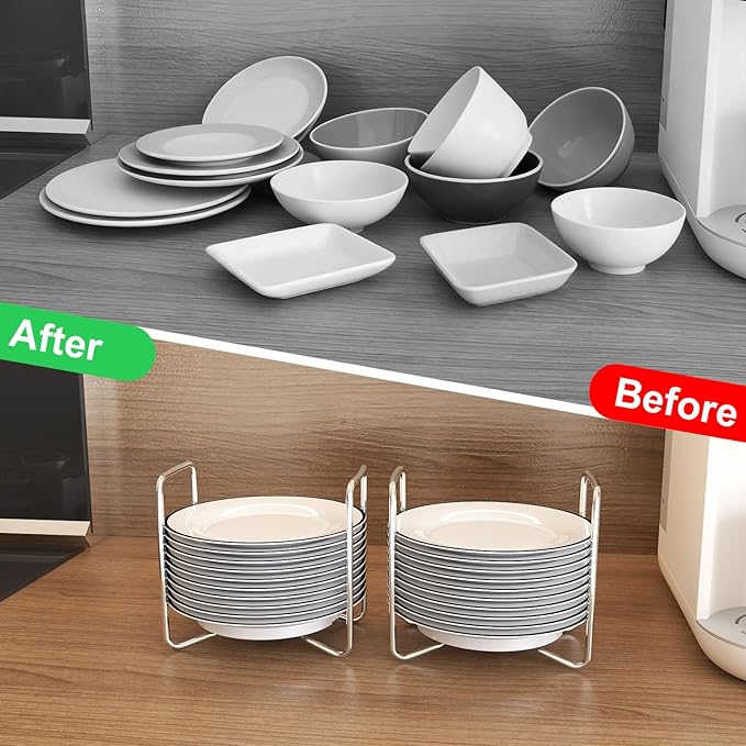 Adjustable Dish Rack for Kitchen Counter - Bamboo Plate Holder Organizer for Cabinet Wooden Bowl Organizer Stainless Steel Plate Stand Storage for Kitchen Drawer Countertop Cupboard Shelf RV