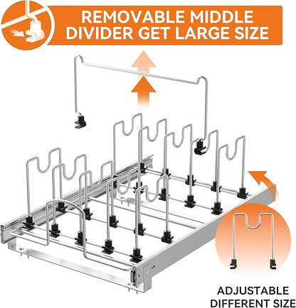 Pull Out Pots and Pans Organizer Under Cabinet, Sliding Adjustable Pot Rack with 9 Adjustable Dividers, Chrome-Plated Pot and Pan Holder Rack, Full-Extension Rail for Kitchen Organization 12" W*22" D