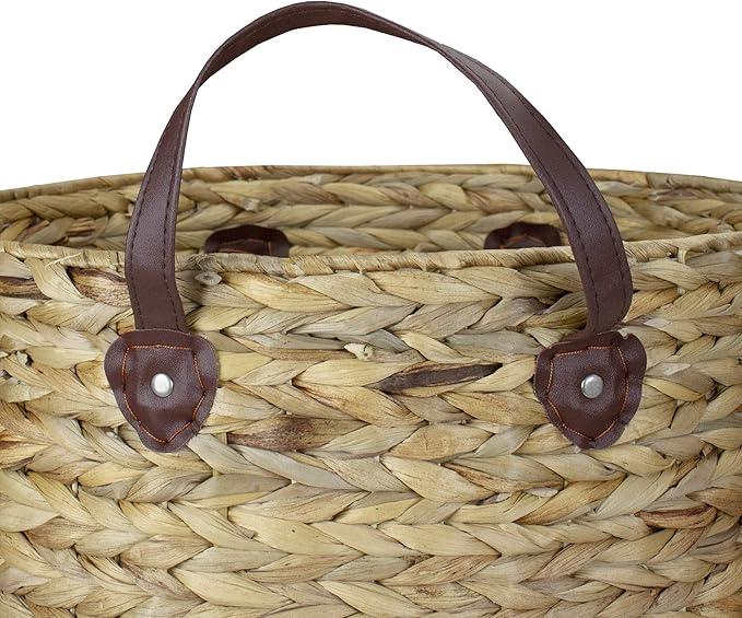 16" Beige White and Teal Braided Wicker Basket with Handles