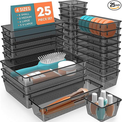 25 PCS Plastic Drawer Organizer Set, 4-Size Versatile Organizer Trays & storage Bins for Makeup, Jewelry, and Gadgets in Bathroom, Bedroom and Office,Clear Black
