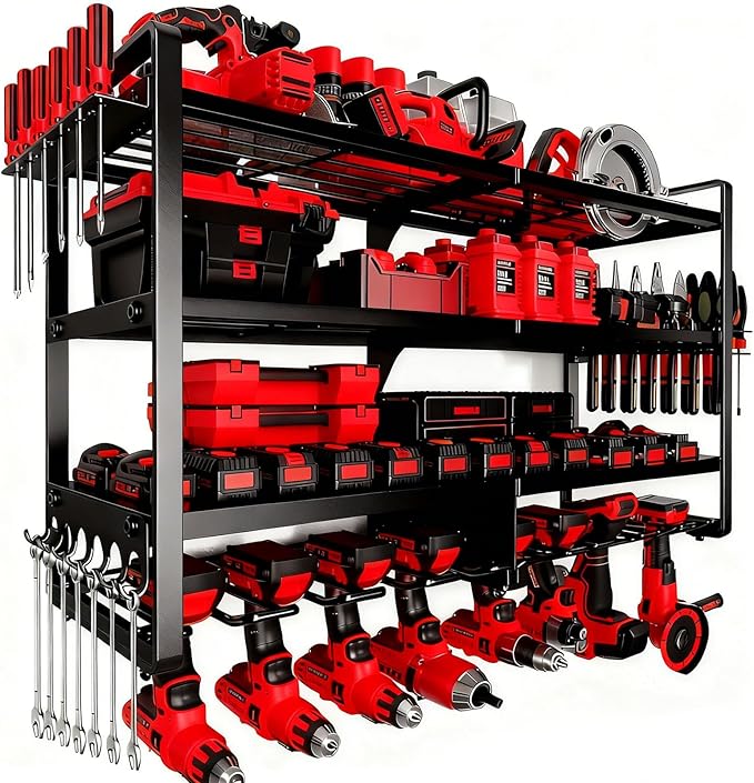 Large Power Tool Organizer Wall Mount, 4 Layer Heavy Duty 8 Cordless Drill Holder Tool Storage Rack, Load 400lbs Utility Power Tool Rack for Garage,Workbench,Workshop,Gifts for Men