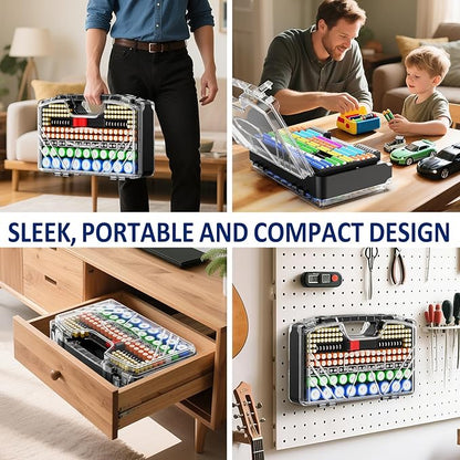 Battery Organizer Storage Holder Box Case with Tester - 285 Batteries Double-Sided Variety Pack, Holds AA AAA 4A C D Cell 9V 3V Lithium LR44 CR2 CR123 CR1632 18650 Button