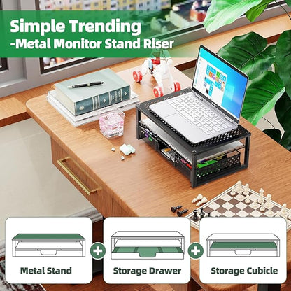 Simple Trending 2 Pack 2 Tier Metal Monitor Riser Stand and Computer Desk Organizer with Drawer, Black