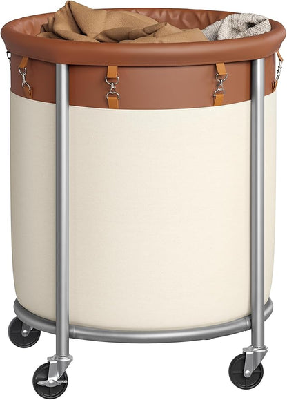 SONGMICS 50.2-Gallon (190 L) Laundry Basket with Wheels, Rolling Round Heavy-Duty Laundry Hamper Cart with Steel Frame and Removable Bag, 2 Locking Wheels, Coffee Brown and Cream White URLS001KQ02