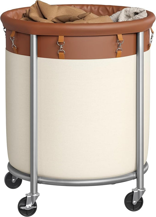 SONGMICS 50.2-Gallon (190 L) Laundry Basket with Wheels, Rolling Round Heavy-Duty Laundry Hamper Cart with Steel Frame and Removable Bag, 2 Locking Wheels, Coffee Brown and Cream White URLS001KQ02