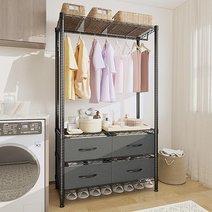 Clothes Rack with 4 Fabric Storage Drawers and Adjustable Shelves, 3-Tier Heavy-Duty Garment Rack Portable Clothes Hanger Closet Organizers for Bedroom Dorm Apartment, 71.5"H x 35.2"W x 15.4"D