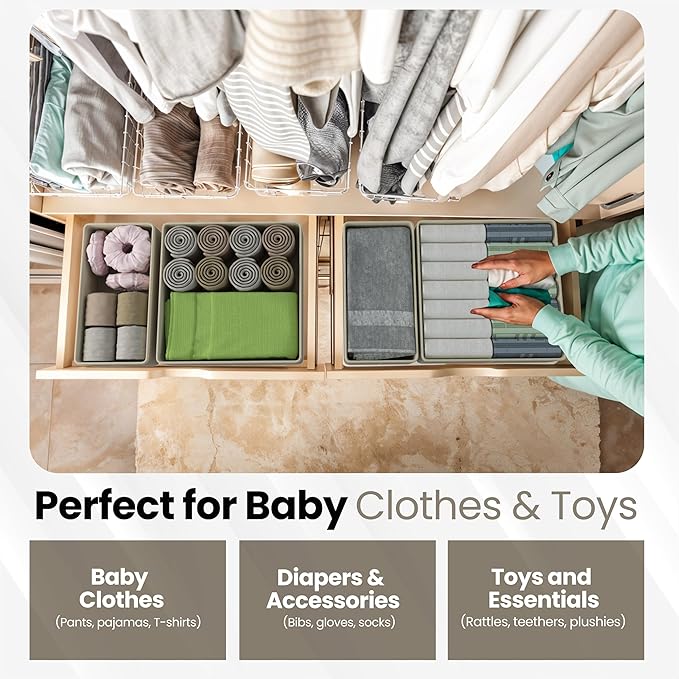 Drawer Organizer – 12 Pack Foldable Beige Fabric Storage Bins for Baby Clothes, Dresser, Closet, Towels, Socks, Diapers | Nursery & Bedroom Drawer Dividers for Home Organization