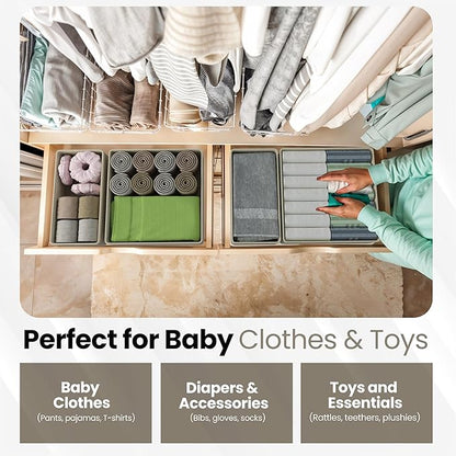 Drawer Organizer – 12 Pack Foldable Beige Fabric Storage Bins for Baby Clothes, Dresser, Closet, Towels, Socks, Diapers | Nursery & Bedroom Drawer Dividers for Home Organization