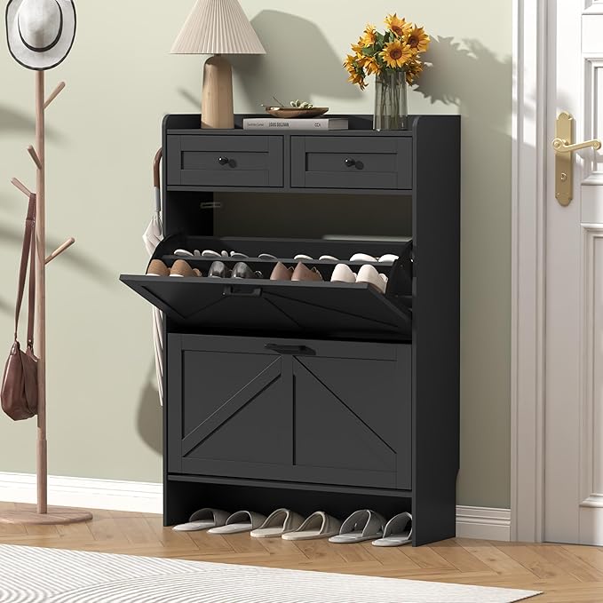 Shoe Cabinet with 2 Flip Drawers & 2 Storage Drawers, Rustic Farmhouse Narrow Shoe Organizer Cabinet, Slim Shoe Rack Cabinet, Shoe Storage Cabinet for Entryway, Hallway, Front Door
