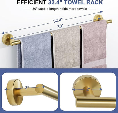 Brushed Gold Towel Bar, 30 Inch Towel Racks for Bathroom Wall Mounted, SUS304 Stainless Steel Bathroom Towel Holder, Total Length 32.4 Inch Towel Bars