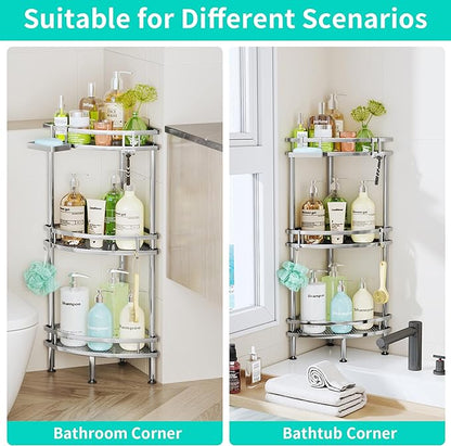 HapiRm Standing Corner Shower Caddy - 3 Tier Shower Organizer Corner with Soap Holder and 4 Hooks, Rustproof Bathroom Storage Shelves with Adhesives, Silver
