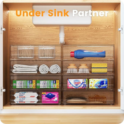A-LuGei 【𝟰𝗣𝗖𝗦】 Acrylic Stackable Storage Drawers, 11.8" W Makeup Organizer, Bathroom Organizer and Storage, Plastic Storage Bins for Kitchen Cabinet Pantry Medicine Fridge