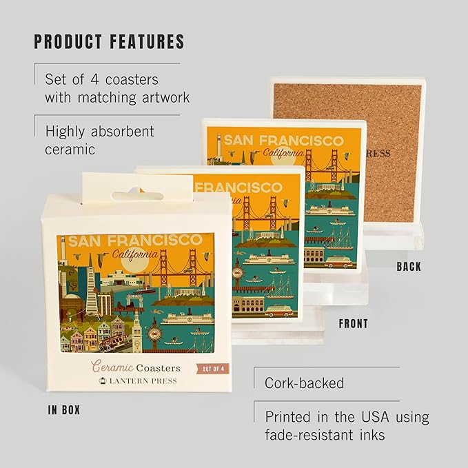 Lantern Press San Francisco, California, Geometric (Absorbent Ceramic Coasters Set of 4 Matching Images, Cork Back, Kitchen Table Decor)