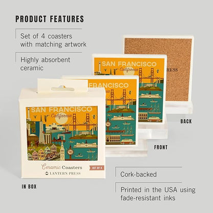Lantern Press San Francisco, California, Geometric (Absorbent Ceramic Coasters Set of 4 Matching Images, Cork Back, Kitchen Table Decor)