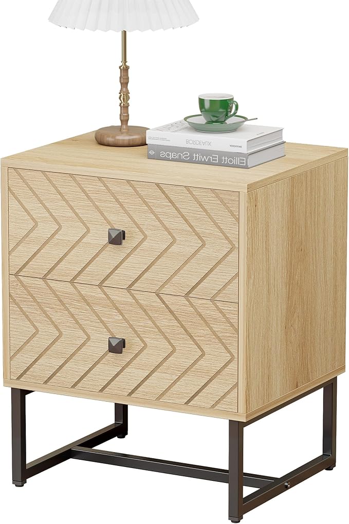 HOCAT Modern Nightstand with Two Storable Drawers,Sturdy Bedside Table Space-Saving Night Stand with Black Metal Legs for Bedroom,Oak