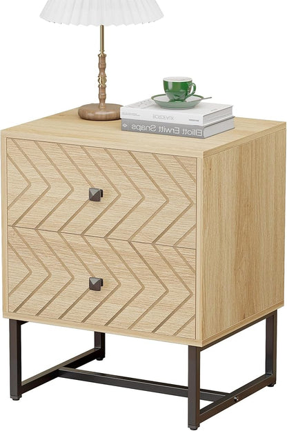 HOCAT Modern Nightstand with Two Storable Drawers,Sturdy Bedside Table Space-Saving Night Stand with Black Metal Legs for Bedroom,Oak