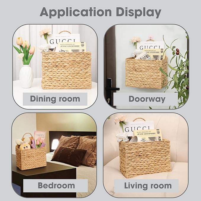 Water Hyacinth Magazine Wall Hanging Basket, Handwoven Wicker Wall Basket Organizer, Foldable Wall Basket for Mail, Towels, Books & Magazines, Boho Farmhouse Wall Decor for Entryway Bathroom Nursery