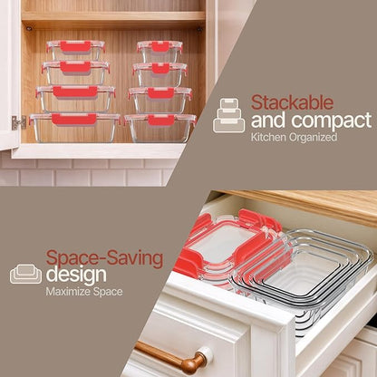 Bakken Borosilicate Glass Food Storage Containers with Lids 16 Pieces, BPA-Free Stackable Lunch & Leftover Containers, Microwave, Freezer & Dishwasher Safe, 100% Airtight Leak-Proof, Red