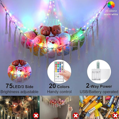 Stuffed Animal Hammock 75LEDs, 20 Colors Warm White 55in Extra Large Storage Macrame Hammock with Remote, USB Powered Hanging Plush Animal Net for Kids Bedroom Doll Room Corner Organizer(XL)