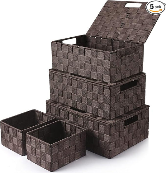 Storage Bins Baskets for Organizing with Lids, Storage Baskets for Shelves Stackable Woven Basket, Gift Small Basket Storage Cubes, Decorative Wicker Basket with Built-in Handles (5 Pack, Brown)