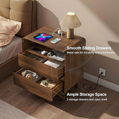 Nasonet Night Stand with Charger Station, Mid Century Modern Nightstand with 2 Drawers, Wood Bedside Table for Bedroom, Curved Beveled Design, Walnut
