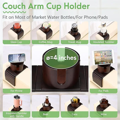 SINWANT Couch Cup Holder, 2 in 1 Bamboo Sofa Arm Clip on Cup Holder with 360°Rotated Phone Stand, Foldable Anti-Slip Couch Armrest Drink Holders for 3.93in Coffee Mug,Bottles,on Armrests