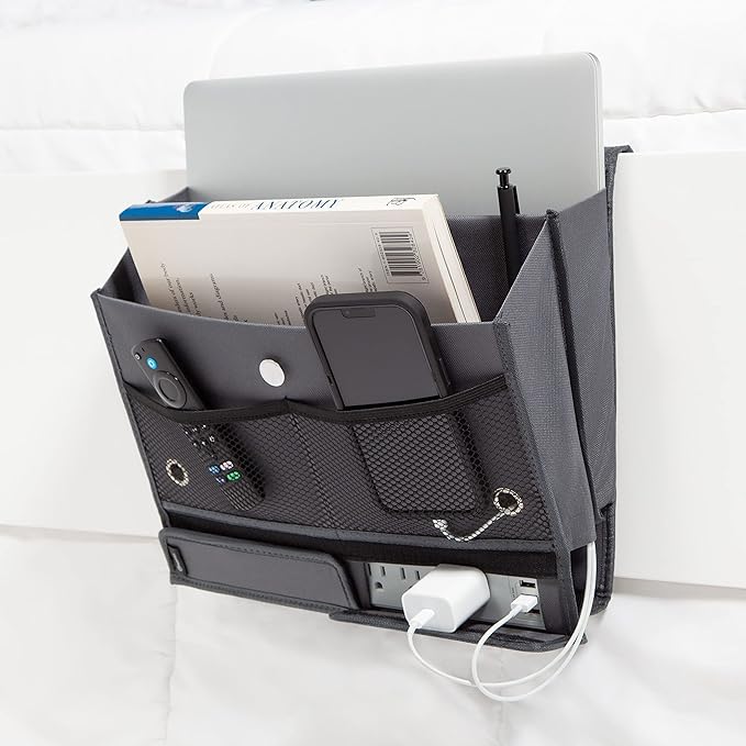 U Brands Bedside Caddy, 7 Pockets with Power Strip Compartment, Organization Supplies, Gray, 1 Count
