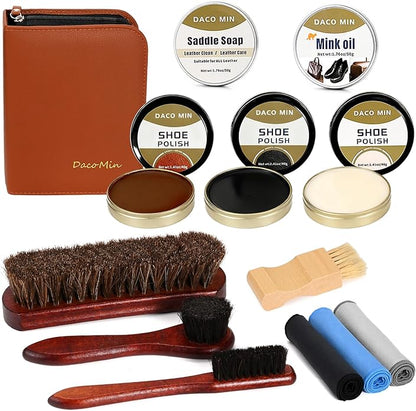Leather Shoe Care Kit, Professional 13-Piece Shoe Polish Gift Set with Saddle Soap, Mink Oil, Horsehair Brushes and Travel Case for Business Professionals for Men Women