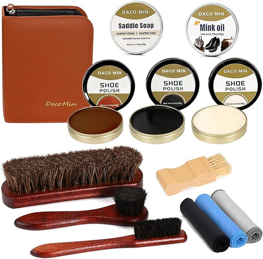 Leather Shoe Care Kit, Professional 13-Piece Shoe Polish Gift Set with Saddle Soap, Mink Oil, Horsehair Brushes and Travel Case for Business Professionals for Men Women