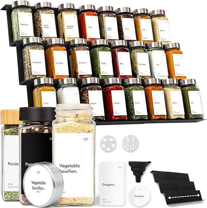 KIVY Drawer Spice Organizer + 24 Jars & 240 Labels - Seasoning Rack for Organization - Kitchen Drawer Insert for Spice Jars - Glass Seasoning Jars with Airtight Lids - Glass Spice Jars with Label