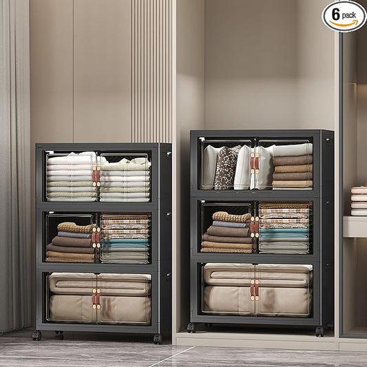 Extra Large Stackable Storage Bins with Lids & Wheels & Door, 672QT-112QT/28GAL*6Pack Foldable Collapsible Closet Organizers, Plastic containers drawers for bedroom Dorm