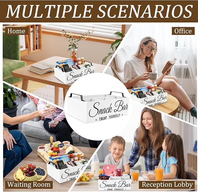 Snack Organizer for Countertop, Wood Pantry Storage Bins with Handles, Snack Bar Organizer for Pantry Shelf, 4 Compartment Food Container Box, Kitchen Storage Organizer for Nut,Chips,Beverage (White)