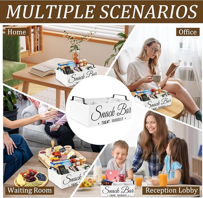 Snack Organizer for Countertop, Wood Pantry Storage Bins with Handles, Snack Bar Organizer for Pantry Shelf, 4 Compartment Food Container Box, Kitchen Storage Organizer for Nut,Chips,Beverage (White)