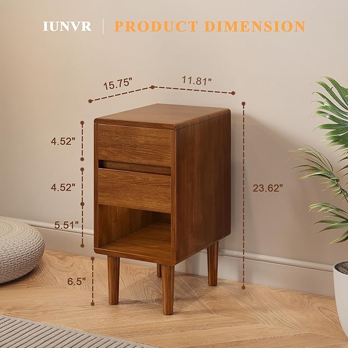 Narrow Nightstand 2 Drawers with Open Shelf Narrow Night Stand Solid Wood Bedside Table Mid Century Modern Nightstand Wooden End Table for Bedroom, Living Room, Study, Office
