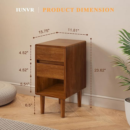 Narrow Nightstand 2 Drawers with Open Shelf Narrow Night Stand Solid Wood Bedside Table Mid Century Modern Nightstand Wooden End Table for Bedroom, Living Room, Study, Office
