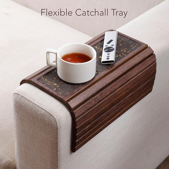 DETOR Couch Arm Tray with Retro Cork Pad, Brown-Stained Bamboo Finish, Enhanced Non-Slip Bottom, Sturdy Bamboo Slats, Fits Armrests 4.6" and Wider