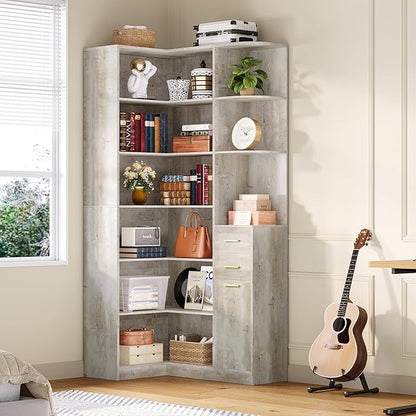 IRONCK Corner Bookshelf, 76" Tall Corner Bookshelves, 6 Tiers L-Shaped Bookcase with 10 Open Shelves and 2 Storage Drawers for Living Room or Home Office