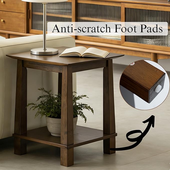 chairus Square Nightstands Set of 2, Modern Accent End Table with 2-Tier Storage Shelf, Solid Wood Small Side Table for Living Room/Bedroom, Walnut