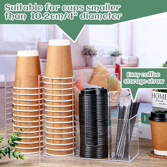 Cunhill 4 Compartments Acrylic Coffee Cup and Lid Storage Organizer Holder Disposable Paper Cup Dispenser Organizer Plastic Lid Holder Accessories for Kitchen Bar Shop Party Supplies(Transparent)